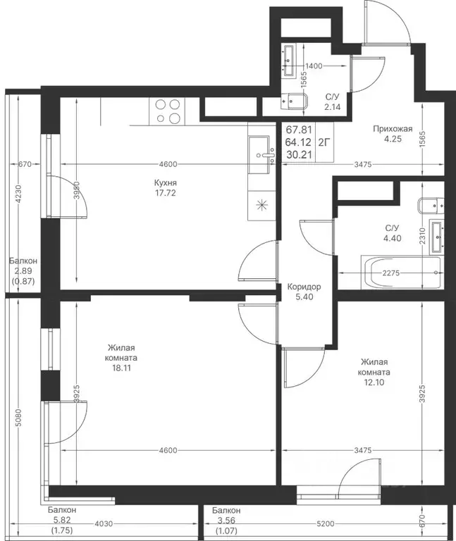 2-к кв. Татарстан, Казань Мой Ритм жилой комплекс, ПК14 (67.81 м) - Фото 2