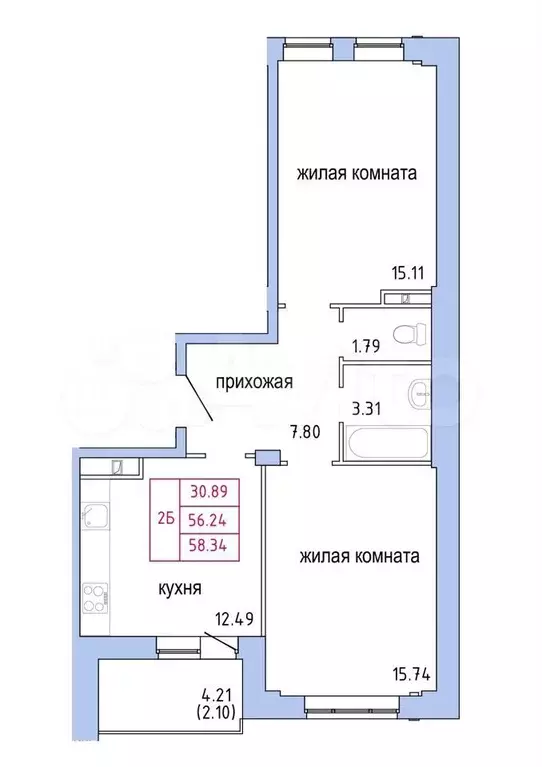 2-к. квартира, 58.3 м, 4/9 эт. - Фото 1