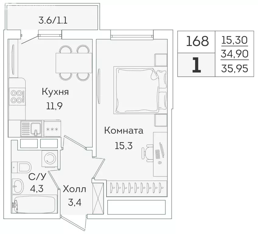 1-комнатная квартира: Мурино, Графская улица, 6к3 (34.9 м) - Фото 1