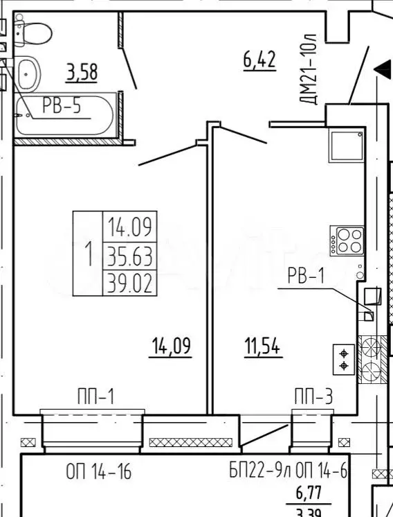 1-к. квартира, 39 м, 1/9 эт. - Фото 0