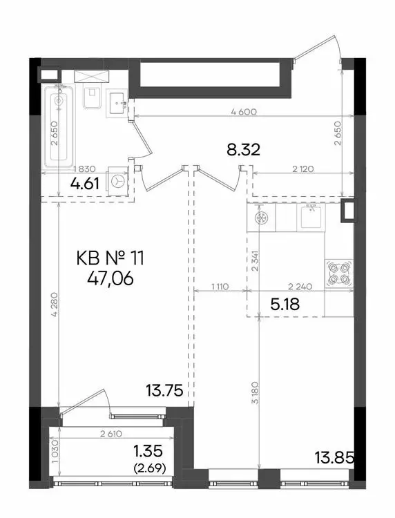 2-комнатная квартира: Казань, улица Аделя Кутуя, 181Ж (47.06 м) - Фото 0