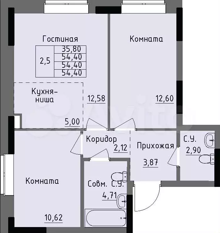 2-к. квартира, 54,4 м, 1/17 эт. - Фото 0