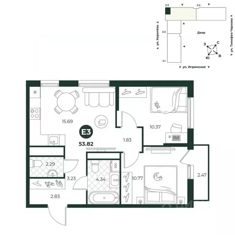 3-к кв. Тюменская область, Тюмень Тарманы мкр,  (53.82 м) - Фото 1