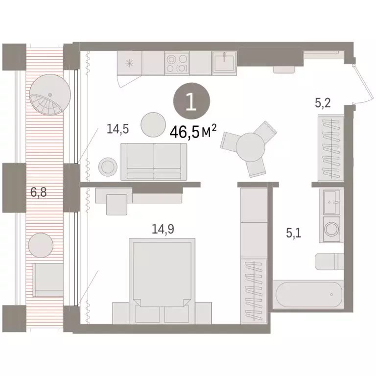 1-комнатная квартира: Тюмень, Краснооктябрьская улица, 4 (46.54 м) - Фото 2