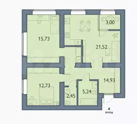 2-к. квартира, 75,6 м, 4/15 эт. - Фото 1