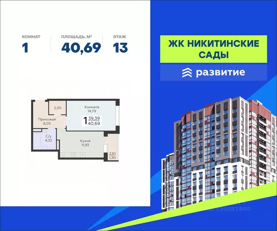 1-к кв. Воронежская область, Воронеж Никитинские сады жилой комплекс ... - Фото 0