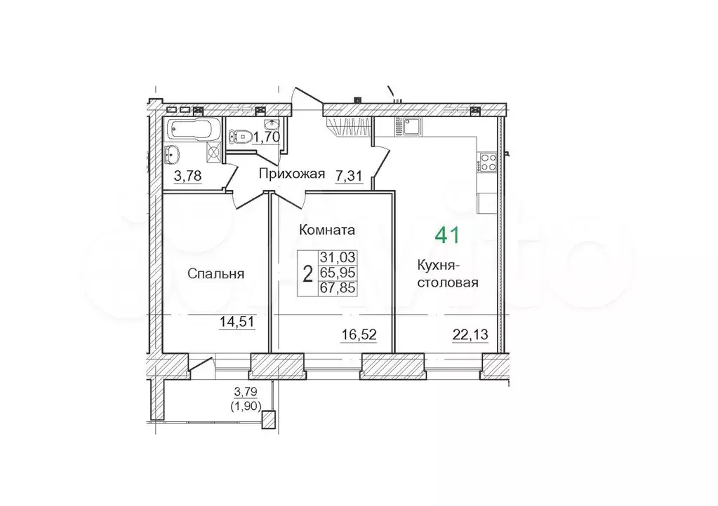 2-к. квартира, 67,9 м, 3/4 эт. - Фото 1