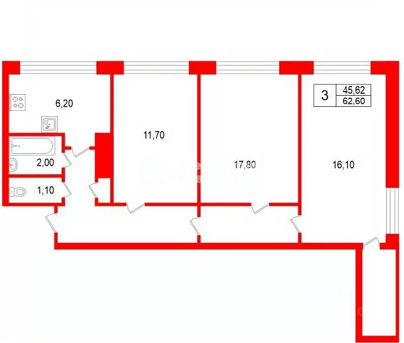 3-к кв. Санкт-Петербург просп. Луначарского, 80К4 (62.6 м) - Фото 2