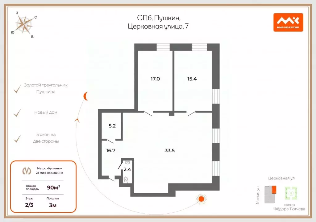 3-к кв. Санкт-Петербург, Санкт-Петербург, Пушкин Церковная ул., 7 ... - Фото 2