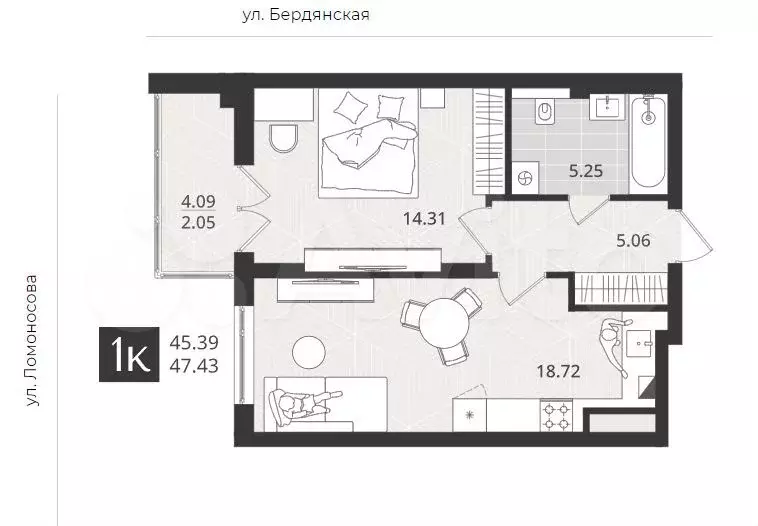 1-к. квартира, 45,4 м, 1/4 эт. - Фото 1