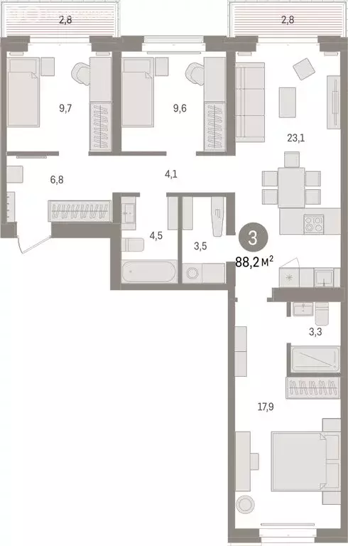 3-комнатная квартира: Тюмень, жилой комплекс На Минской (88.16 м) - Фото 1