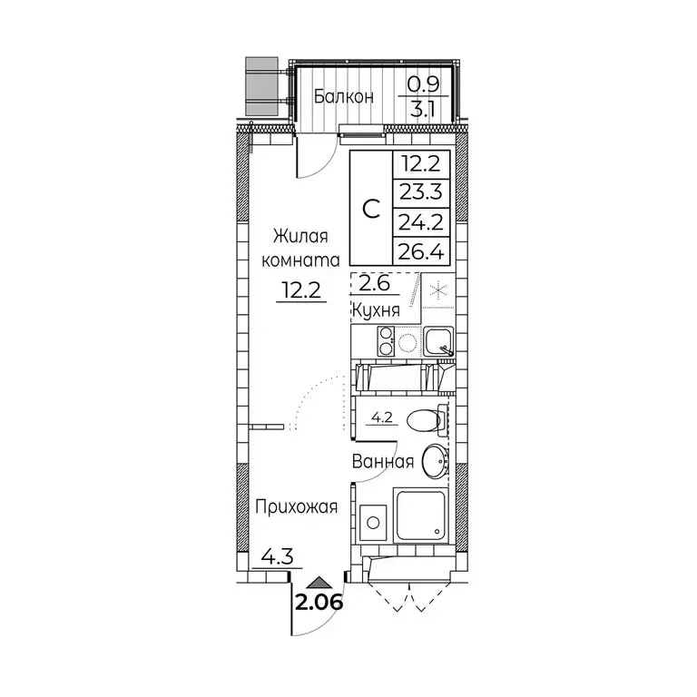 Квартира-студия: Владивосток, улица Расула Гамзатова, 7к2 (26.4 м) - Фото 2