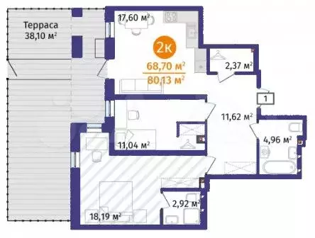 2-к. квартира, 68,7 м, 1/14 эт. - Фото 1