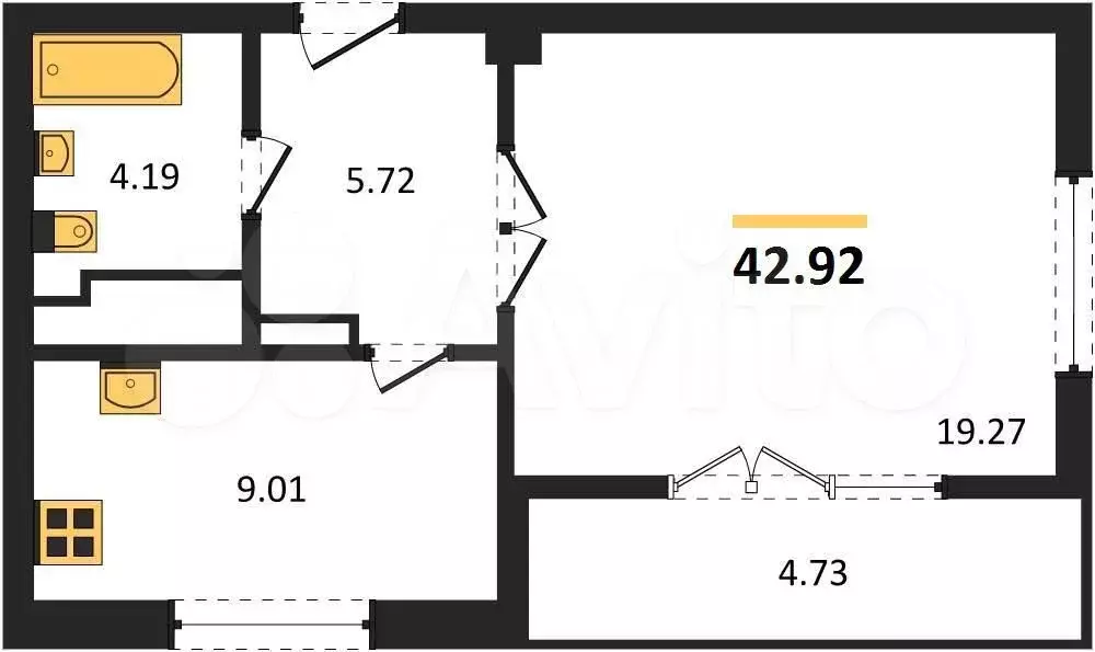 1-к. квартира, 42,9 м, 6/9 эт. - Фото 1