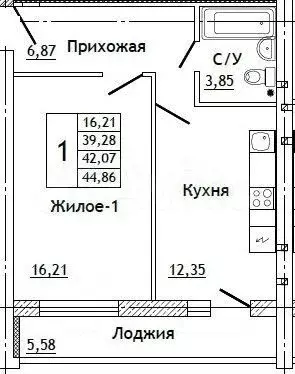 1-к. квартира, 44,9 м, 1/5 эт. - Фото 0