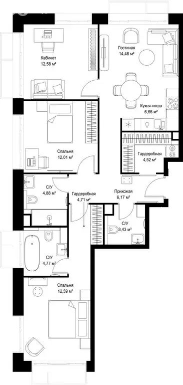 3-комнатная квартира: деревня Ликино, ЖК Мыс (86.8 м) - Фото 2