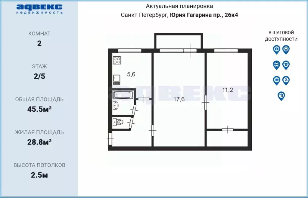 2-к кв. Санкт-Петербург просп. Юрия Гагарина, 26К4 (45.5 м) - Фото 2