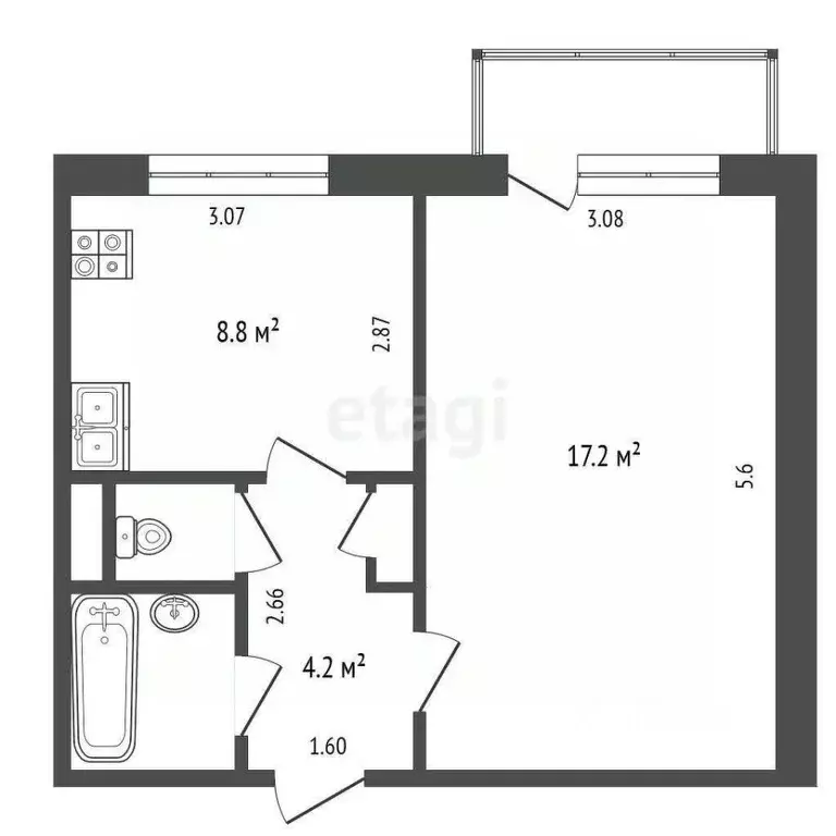 1-к кв. Тюменская область, Тюмень Мельничная ул., 24а (33.3 м) - Фото 1