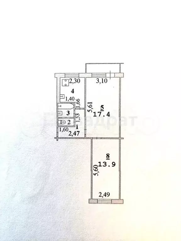 2-к. квартира, 44,4 м, 5/5 эт. - Фото 0