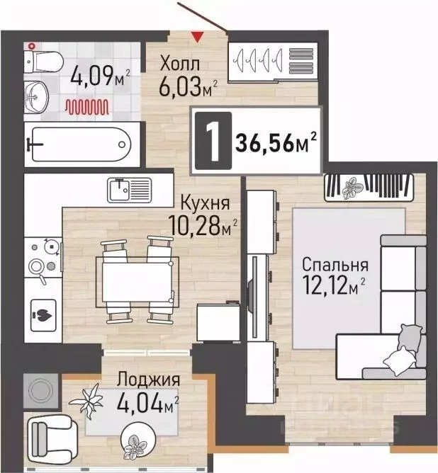 1-к кв. Рязанская область, Рыбное  (36.56 м) - Фото 0