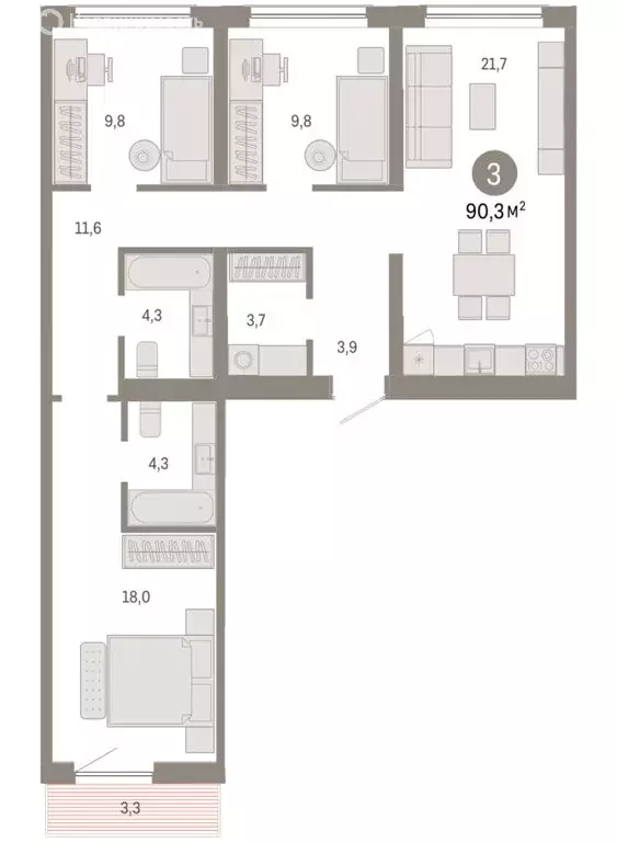 3-комнатная квартира: Новосибирск, Большевистская улица, с49 (90.28 м) - Фото 1
