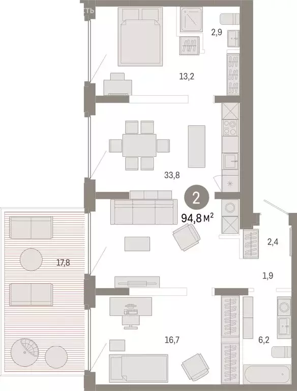 2-комнатная квартира: Тюмень, Мысовская улица, 26к2 (94.77 м) - Фото 1