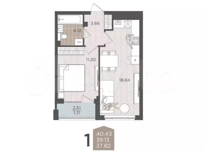 1-к. квартира, 39,1 м, 1/9 эт. - Фото 1