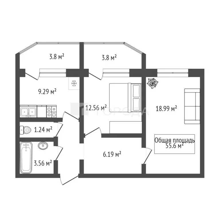 Продаётся 2-к квартира, 55.6 м - Фото 1