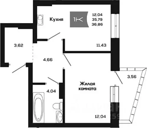 1-к кв. Новосибирская область, Новосибирск ул. Титова, 48 (35.79 м) - Фото 0