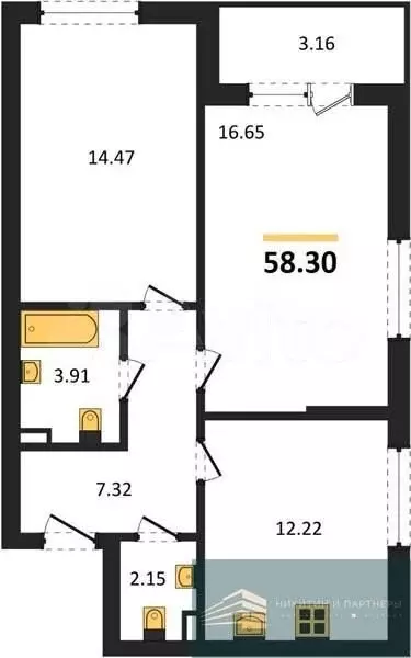 2-к. квартира, 58,3 м, 2/24 эт. - Фото 0