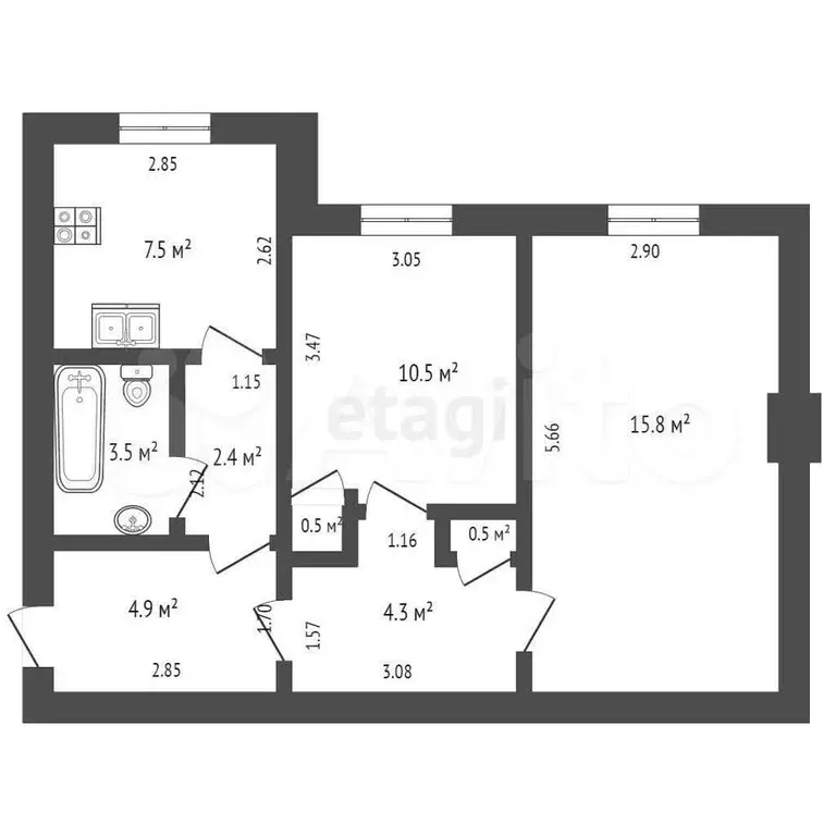 2-к. квартира, 49,9 м, 1/2 эт. - Фото 1