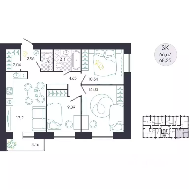 3-к кв. Пензенская область, Пенза Колышлейская ул., 7 (70.44 м) - Фото 2