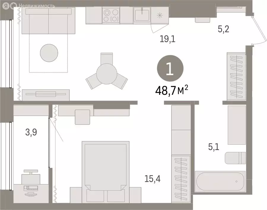 1-комнатная квартира: Тюмень, Краснооктябрьская улица, 4к3 (48.68 м) - Фото 1