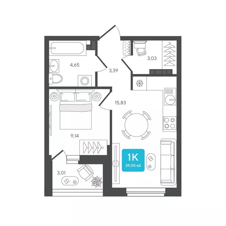 1-комнатная квартира: Дербыши, жилой комплекс Дабл-Дабл (39.05 м) - Фото 1