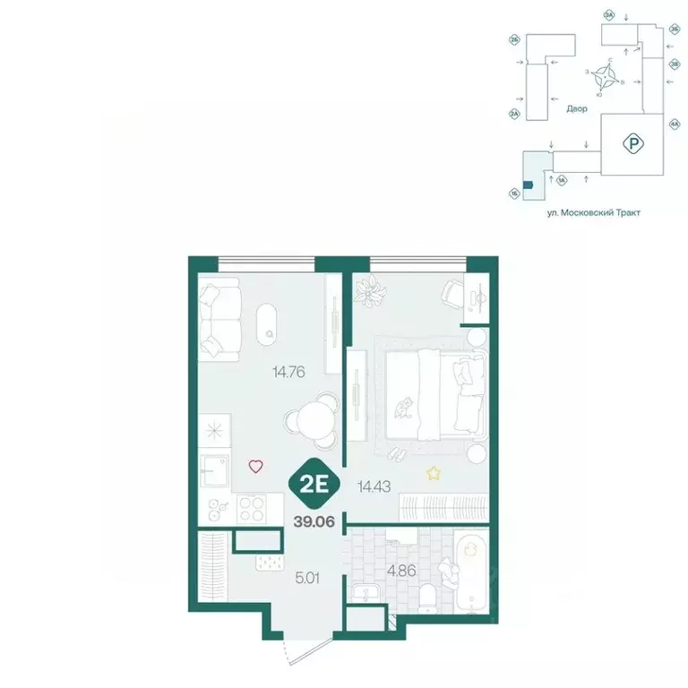 2-к кв. Тюменская область, Тюмень Сибирский жилой комплекс (39.06 м) - Фото 1