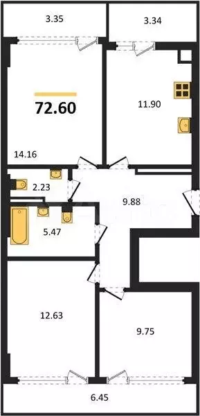 3-к. квартира, 72,6 м, 5/8 эт. - Фото 1