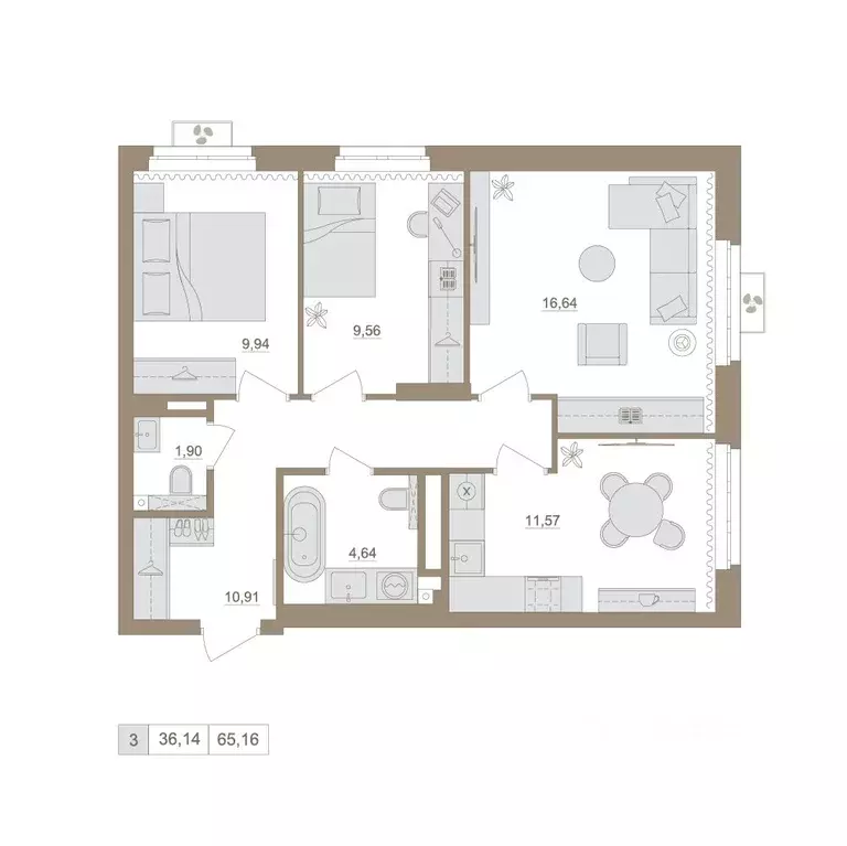 3-к кв. Башкортостан, Уфа бул. Яркий (65.16 м) - Фото 1