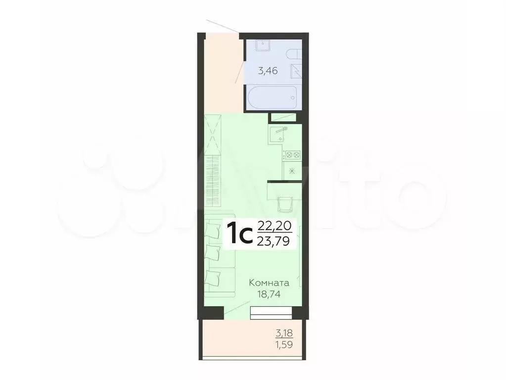 Квартира-студия, 23,8 м, 4/19 эт. - Фото 0