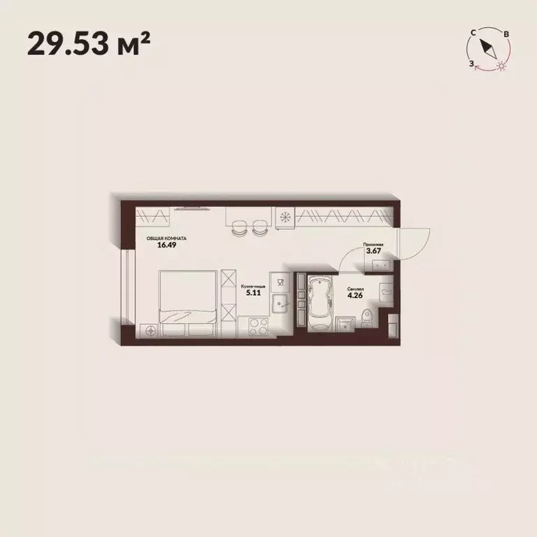 Студия Приморский край, Владивосток Каскада жилой комплекс (29.53 м) - Фото 1