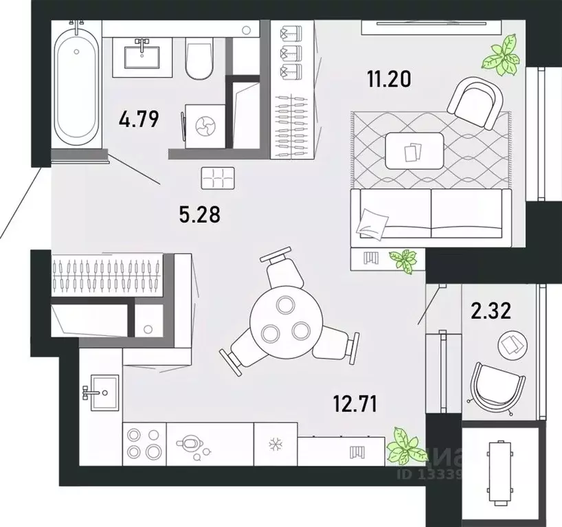 Студия Тульская область, Тула Премьер Парк жилой комплекс (36.3 м) - Фото 1