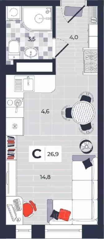 Студия Тульская область, Тула ул. Академика Насоновой, 1А (26.9 м) - Фото 1