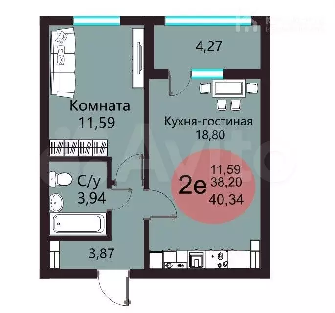 2-к. квартира, 40,3 м, 8/12 эт. - Фото 1