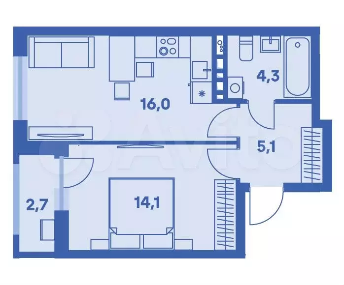 2-к. квартира, 40,9м, 4/9эт. - Фото 0