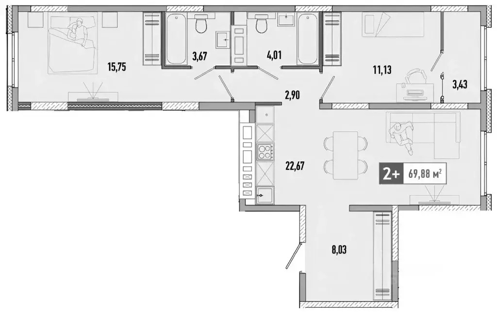 2-к кв. Тюменская область, Тюмень ул. Анатолия Клиндюка, 6 (69.0 м) - Фото 1