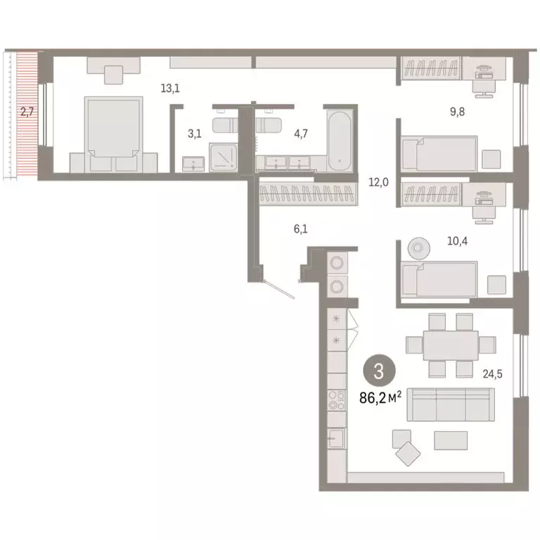 3-комнатная квартира: Тюмень, микрорайон ДОК, ЖК Октябрьский на Туре ... - Фото 2