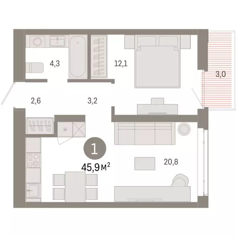 1-комнатная квартира: Тюмень, Ленинский округ (45.89 м) - Фото 1