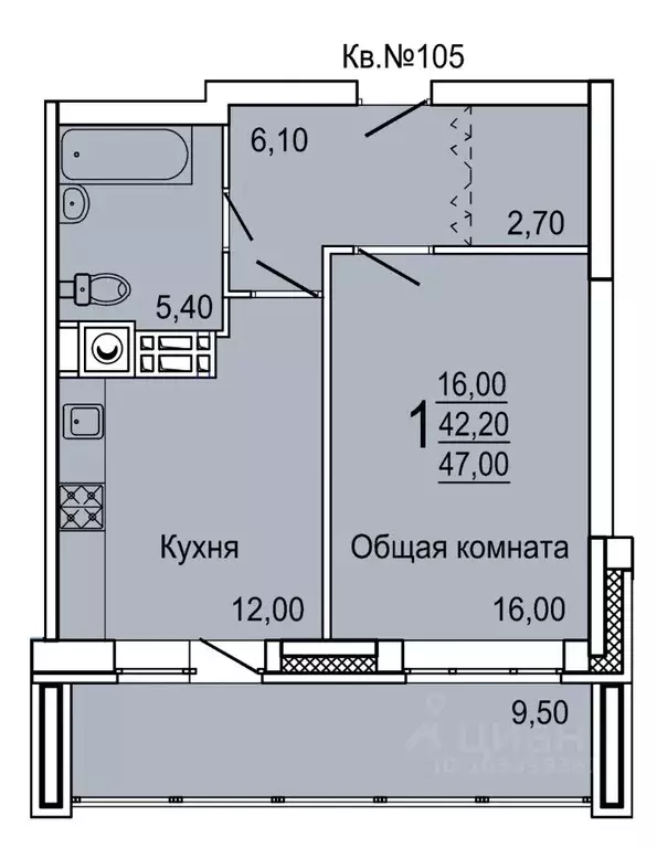 1-к кв. Тульская область, Тула ул. Седова, 20Д/1 (47.0 м) - Фото 0