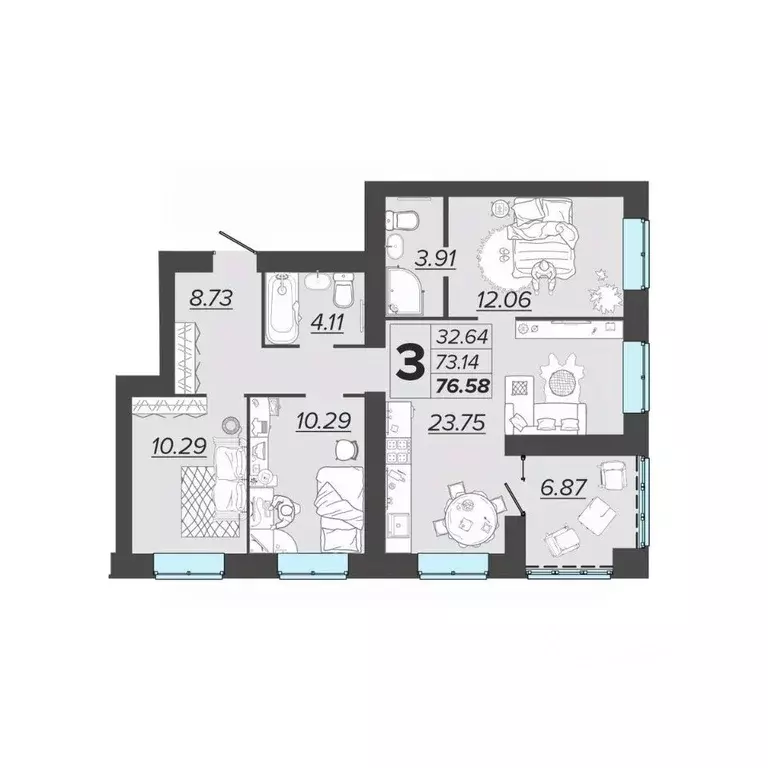 3-к кв. Брянская область, Брянск Архитектор жилой комплекс (76.58 м) - Фото 1