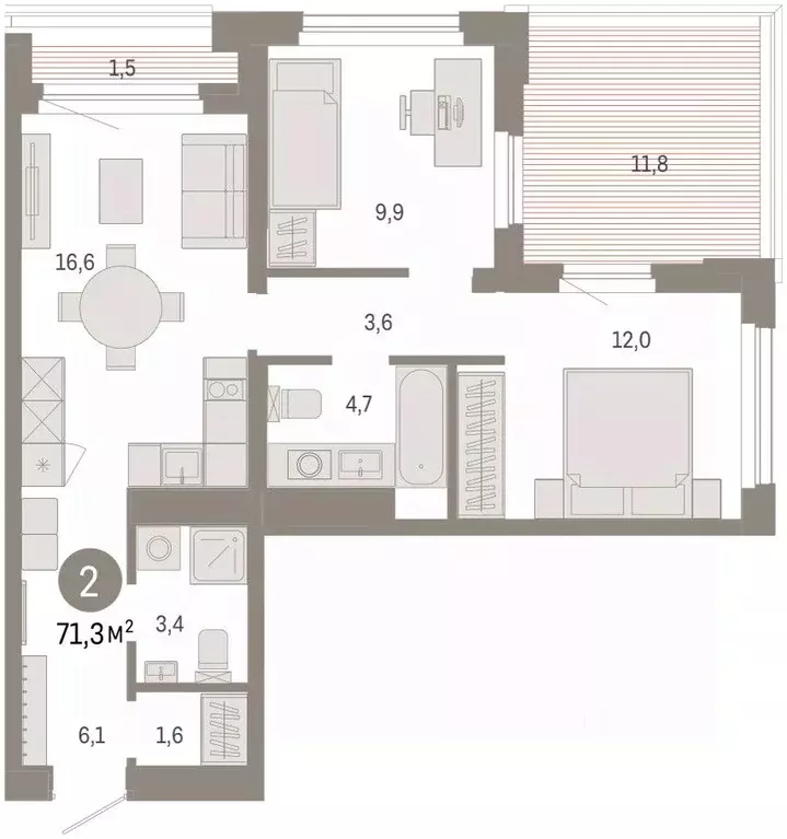 2-к кв. Тюменская область, Тюмень ул. Павла Фитина, 7 (71.32 м) - Фото 2