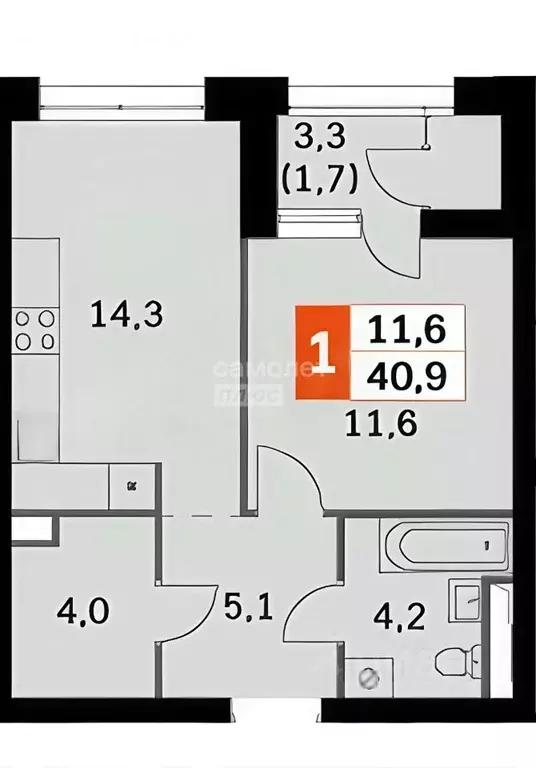 1-к кв. Москва Строительный проезд, 9к1 (40.9 м) - Фото 2